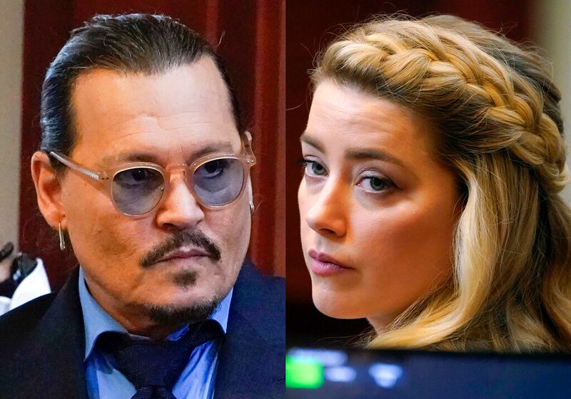 This combination of two separate photos shows actors Johnny Depp, left, and Amber Heard in the courtroom for closing arguments.