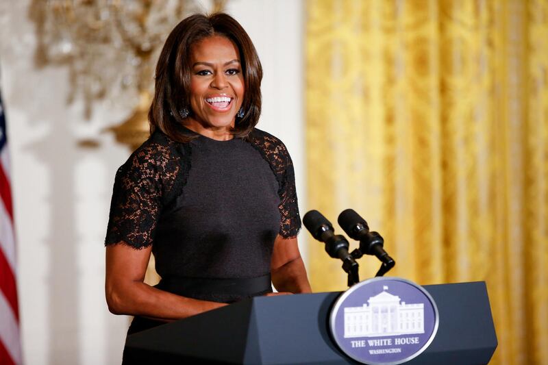 In this March 11, 2015, file photo, first lady Michelle Obama speaks in the East Room of the White House in Washington. Michelle Obama says gospel music is a “ray of hope” that fueled her love of music in general.