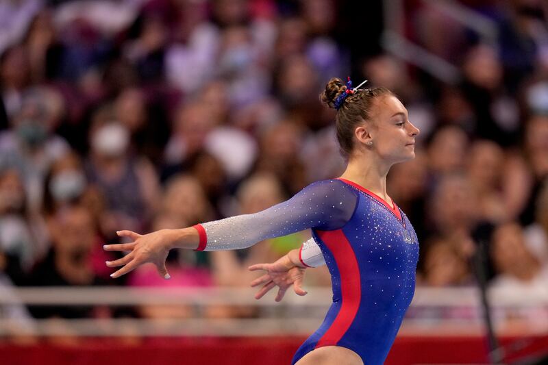Grace McCallum competes on floor exercise during the women’s U.S. Olympic Gymnastics Trials.