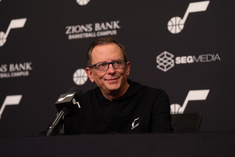 Utah Jazz general manager Justin Zanik speaks to media at the Zions Bank Basketball Campus in Salt Lake City on Saturday, February 10, 2024.