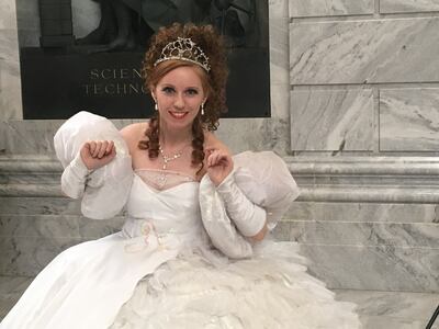 Marissa Moody from Salt Lake City poses dressed as Giselle from Disney's "Enchanted" during the FanX Salt Lake Comic Convention press conference on Wednesday, April 11, 2018, at the state Capitol in Salt Lake City.