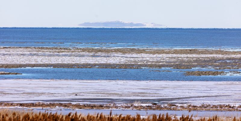 The receding water levels of the Great Salt Lake on Monday, Jan. 30, 2023.