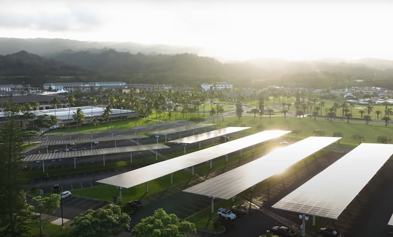 Solar panels atop BYU–Hawaii parking structures contributing to the university's efforts to become energy independent in 2026.