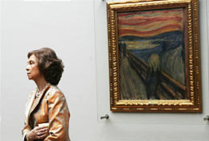 Spain's Queen Sofia stands in front of Edvard Munch's painting "The Scream" in the Norwegian National Gallery in Oslo in this June 2006 file photo. Police recovered two paintings they believe are the Edvard Munch masterpieces "The Scream" and "Madonna," t