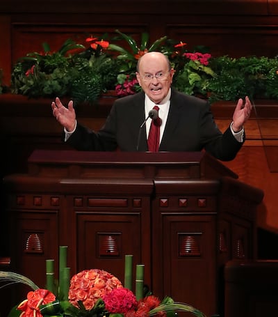 Elder Quentin L. Cook, of the Quorum of the Twelve Apostles speaks about the new Sunday schedule during the Saturday morning session of 188th Semiannual General Conference of The Church of Jesus Christ of Latter-day Saints in the Conference Center in Salt