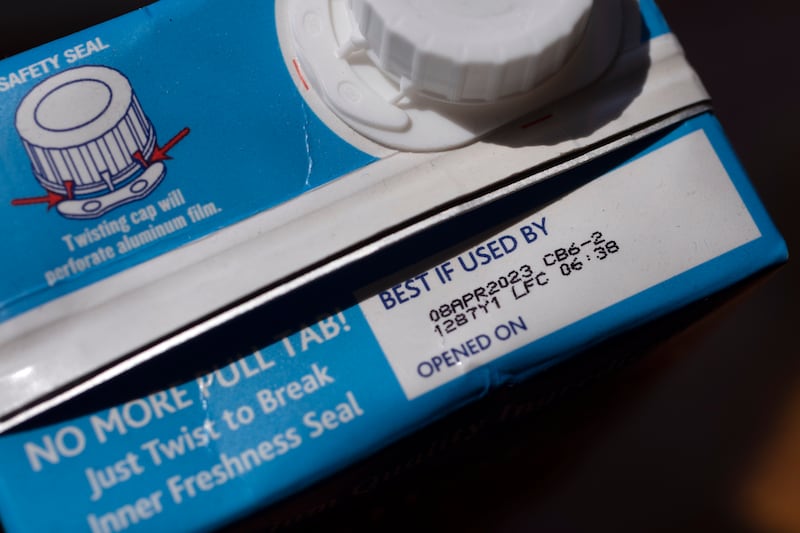 A “best if used by” date is seen on the top of a chicken broth carton in Boston.