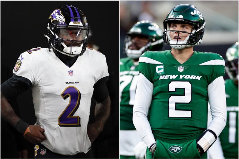 Where do the Baltimore Ravens’ Tyler Huntley, left, and the New York Jets’ Zach Wilson rank on a list of NFL backup quarterbacks?