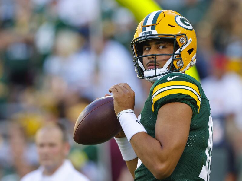 Green Bay Packers quarterback Jordan Love (10) during practice before the Packers’ preseason game against the Houston Texans.