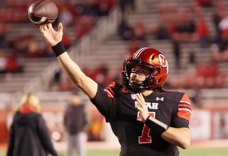 Utah Utes quarterback Cameron Rising (7) throws during warm ups in Salt Lake City on Saturday, Nov. 12, 2022.