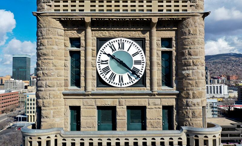 The clock tower on the City-County Building is pictured in Salt Lake City.
