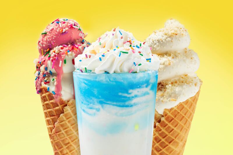 Krispy Kreme’s Strawberry Iced Sprinkled Cone, Birthday Batter Shake and Original Glazed® Cone.