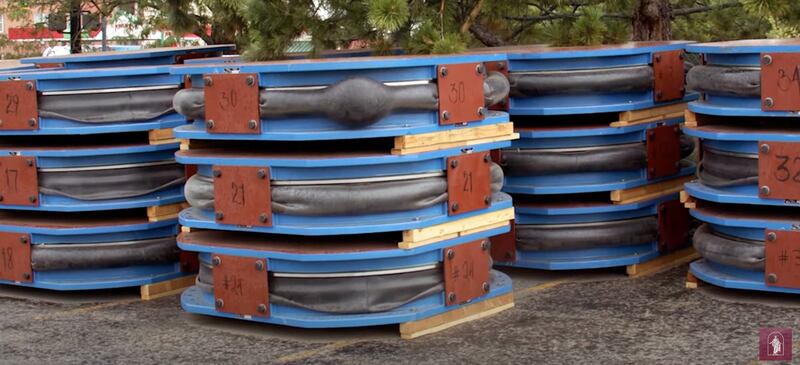 A photo of some of the 98 base isolators that will help protect the Salt Lake Temple from movement during an earthquake.