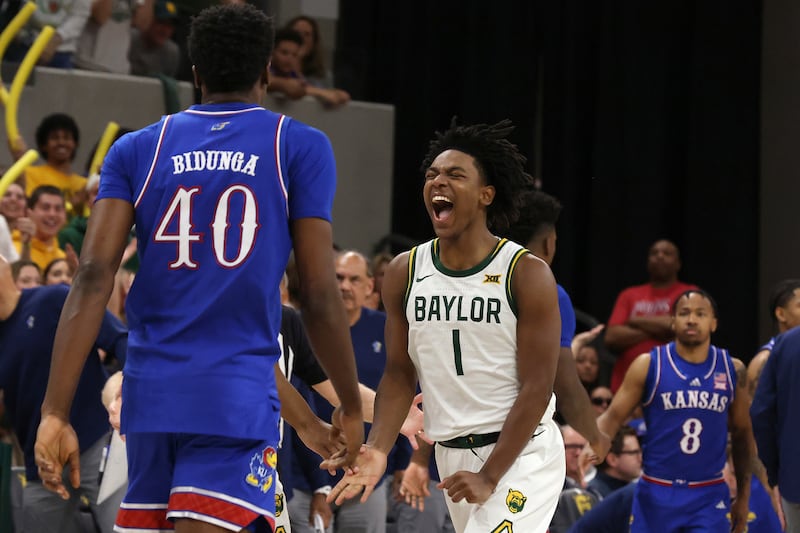 Baylor guard Robert Wright III celebrates after scoring during game against Kansas on Saturday, Feb. 1, 2025, in Waco, Texas.