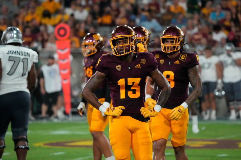 Arizona State defensive back Keon Markham (13) catches his breath during game against Eastern Michigan, Sept. 17, 2022.