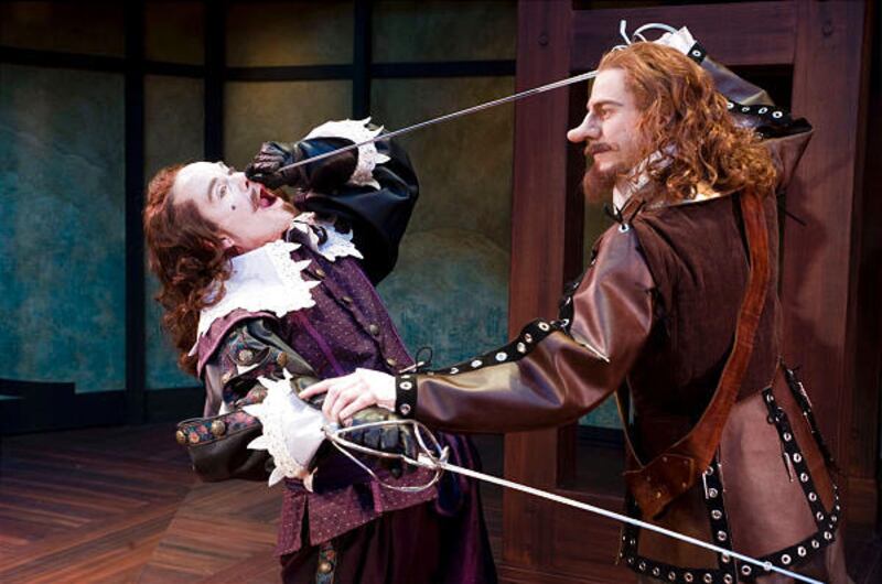 James Newcomb, left, as Viscount de Valvert and Brian Vaughn as Cyrano de Bergerac in the Utah Shakespearean Festival's 2008 production of Cyrano de Bergerac.