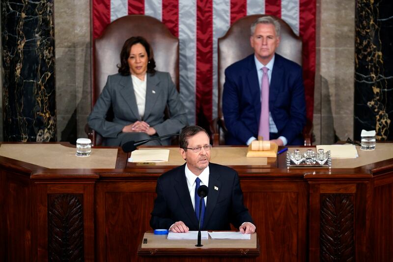 Israeli President Isaac Herzog speaks to a joint session of Congress on Wednesday, July 19, 2023, at the Capitol in Washington,