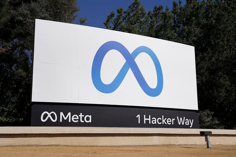 Facebook’s Meta logo sign is seen at the company headquarters in Menlo Park, Calif. on Oct. 28, 2021.