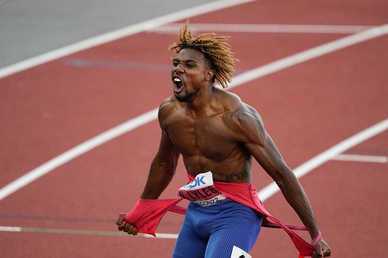 Noah Lyles, of the United States, celebrates after winning the men’s 200-meter final at the World Athletics Championships on July 21, 2022.