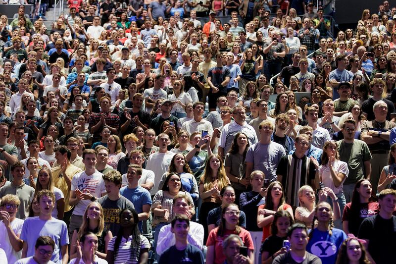 BYU students sing "Happy Birthday" to President Russell M. Nelson for his 101st birthday on Sept. 9, 2025.