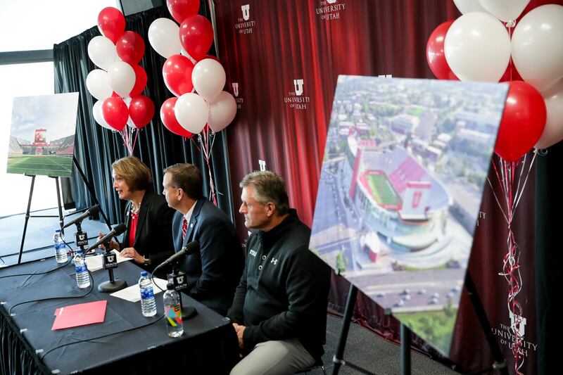University of Utah President Ruth Watkins, Athletics Director Mark Harlan and football head coach Kyle Whittingham conduct a press conference about the upcoming expansion of Rice-Eccles Stadium at the stadium in Salt Lake City on Wednesday, Nov. 14, 2018.