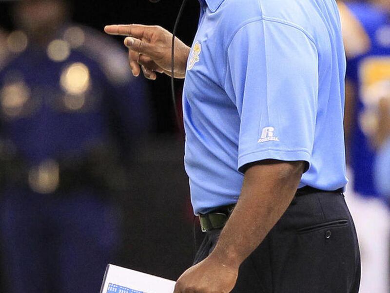 FILE - In this Nov. 27, 2010, file photo, Southern head coach Lyvonia "Stump" Mitchell yells to one of his players in the second half of the Bayou Classic NCAA college football game against Grambling State in New Orleans. Southern University became the fi