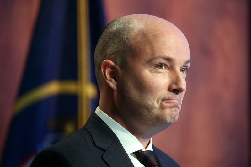 Gov. Spencer Cox speaks during his monthly news conference at PBS Utah at the Eccles Broadcast Center.