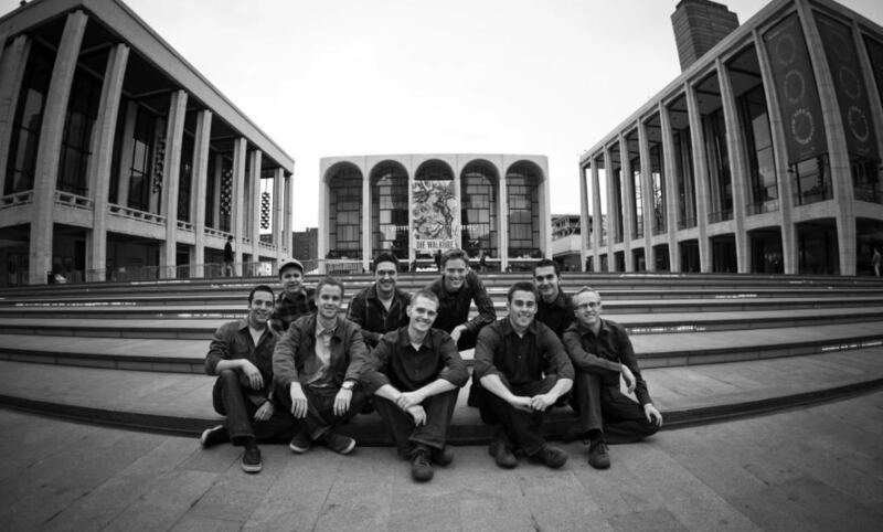Vocal Point members pose in front of New York City's Lincoln Center. Seated: Jake Hunsaker, Ben Murphy, Mike Christensen, Ross Welch and McKay Crockett. Back row: Tanner Nilsson, Tyler Sterling, Keith Evans and Robert Seely.