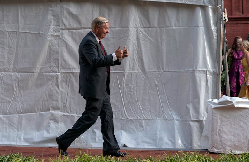 Sen. Lindsey Graham, R-S.C., arrives to attend an event sponsored by Susan B. Anthony Pro-Life America at the National Building Museum, Tuesday, Sept. 13, 2022 in Washington.