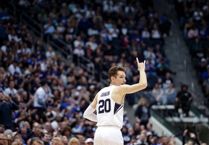 BYU guard Spencer Johnson celebrates a 3-pointer during game against Northern Iowa in NIT game in Provo.