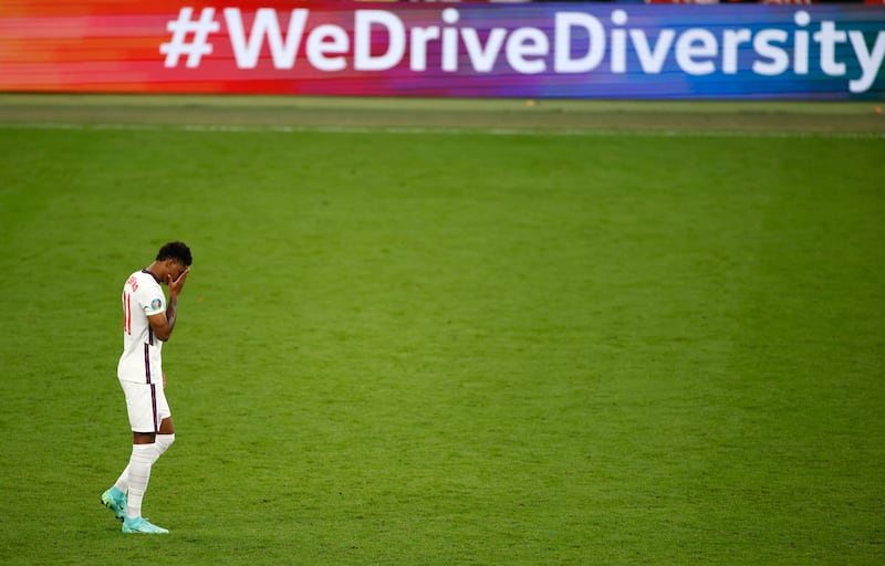 England’s Marcus Rashford reacts after missing a penalty in a shootout against Italy at the Euro 2020.