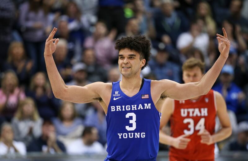 BYU guard Elijah Bryant (3) hypes up the crowd after scoring on the Utah Utes at the Marriott Center in Provo on Saturday, Dec. 16, 2017. Sportando’s Emiliano Carchia reported Friday morning that Bryant, the former Cougar, will join the Milwaukee Bucks’ N