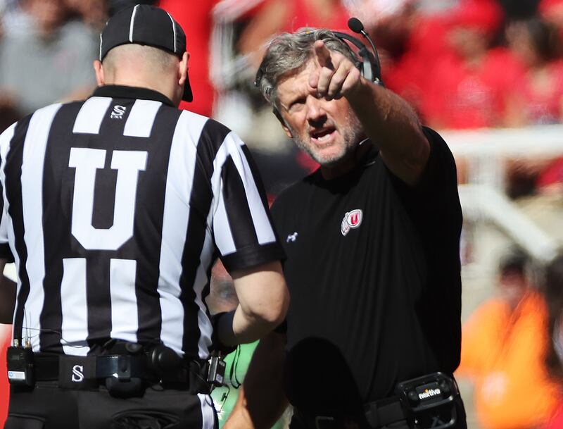 Utah Utes coach Kyle Whittingham complains about a call in Salt Lake City on Saturday, Sept. 23, 2023.
