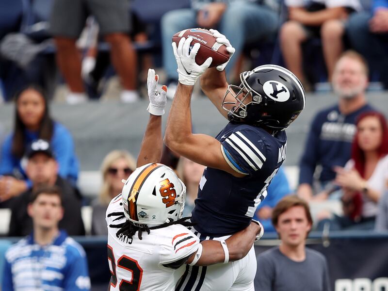 BYU receiver Puka Nacua makes a catch against Idaho State at LaVell Edwards Stadium in Provo on Saturday, Nov. 6, 2021.