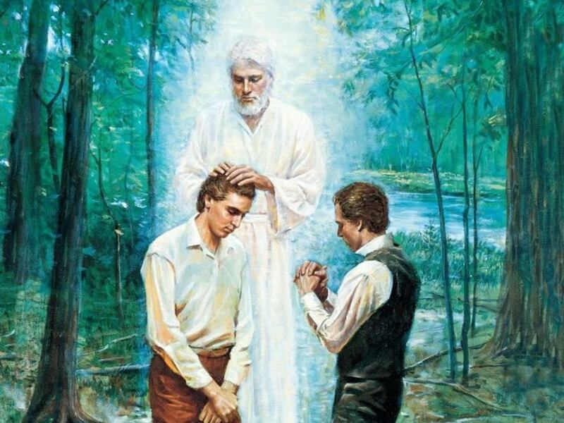 This painting depicts Joseph Smith receiving the Aaronic Priesthood.