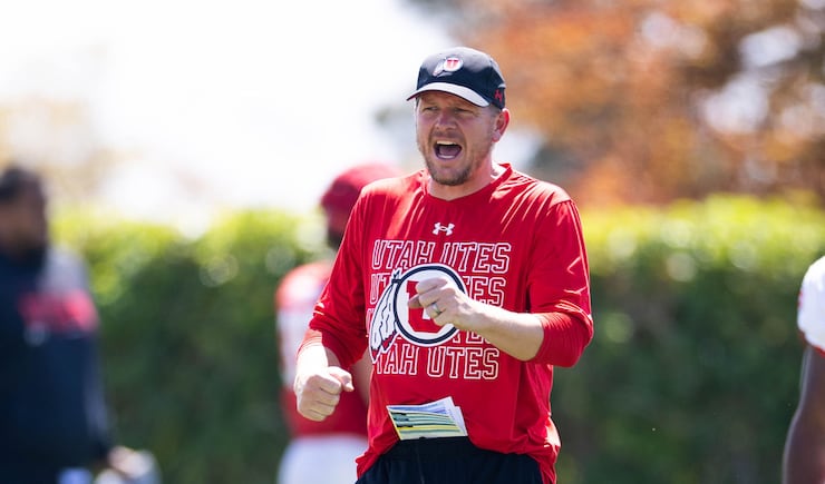 Utah offensive coordinator Jason Beck coaches during fall camp in Salt Lake City, UT on Wednesday, Aug. 6, 2025.