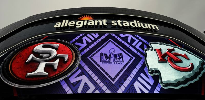 Allegiant Stadium during NFL football Super Bowl 58 opening night Monday, Feb. 5, 2024 in Las Vegas. The San Francisco 49ers face the Kansas City Chiefs in Super Bowl 58 on Sunday.