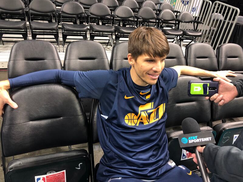 Kyle Korver chats with reporters after going through shootaround with the Utah Jazz on Friday, November 30, 2018 at the Spectrum Center. Korver was traded from Cleveland for Alec Burks and two future second round picks.