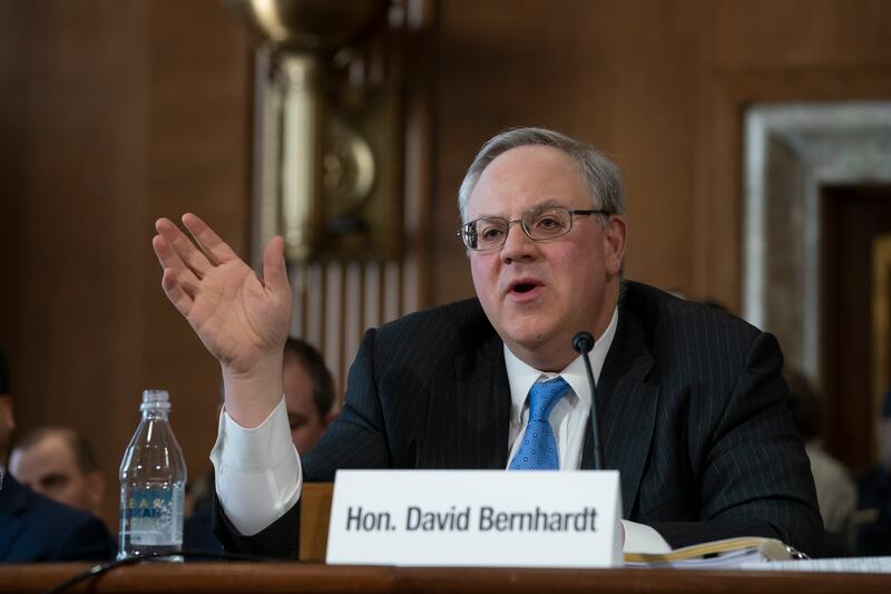 FILE - David Bernhardt, a former oil and gas lobbyist, speaks before the Senate Energy and Natural Resources Committee at his confirmation hearing to head the Interior Department, on Capitol Hill in Washington, Thursday, March 28, 2019.