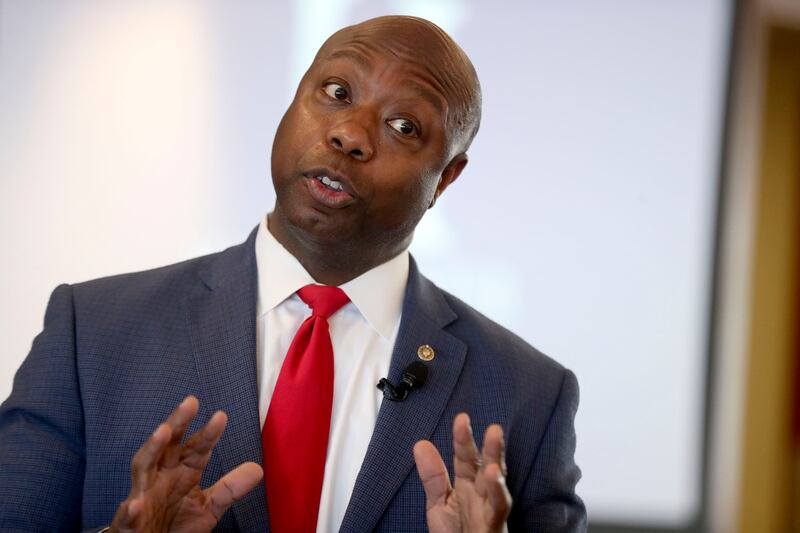 South Carolina Sen. Tim Scott speaks at an Orrin G. Hatch Foundation symposium in Salt Lake City on Oct. 29, 2021.
