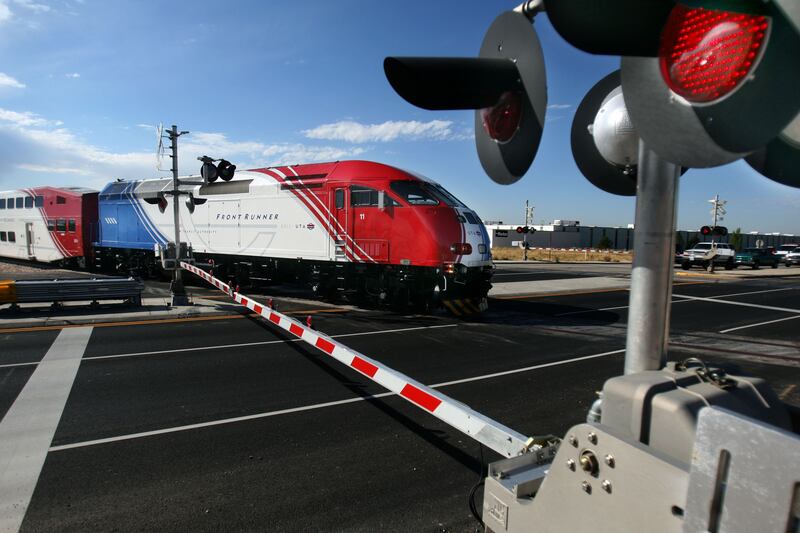 UTA’s FrontRunner pulls into the Pleasant View station during a community celebration September 27, 2008 in preparation for Monday’s FrontRunner service to Pleasant View, Utah. Keith Johnson/Deseret News