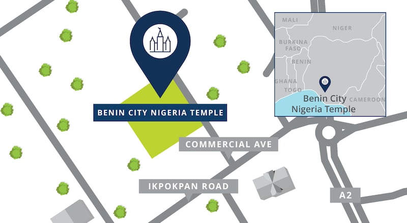 A map of the new Benin City Nigeria Temple, which will be built at 16 Commercial Ave., Benin City, Nigeria, the temple will be a two-story structure and be built with an arrival center and patron housing on 2.17 acres.