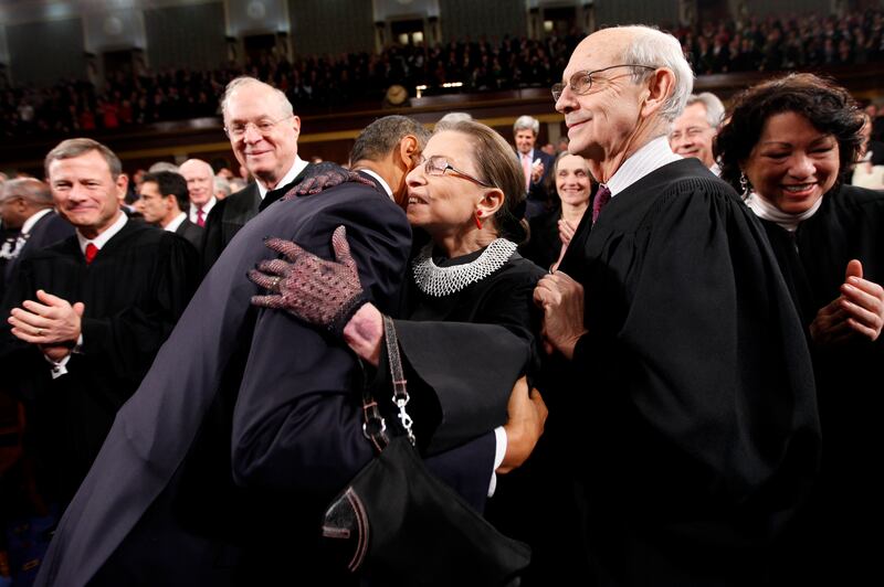 Barack Obama hugs Ruth Bader Ginsburg before delivering his 2011 State of the Union address.