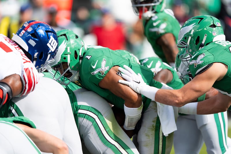 Philadelphia Eagles quarterback Jalen Hurts runs the tush push during a game against the New York Giants, Sunday, Oct. 26, 2025, in Philadelphia.