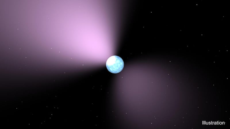 An artist's illustration depicts a spinning neutron star, perhaps only 12 miles across, with powerful streams of radiation, including radio waves and X-rays, flying into space. As a stream crosses the antenna of a radio telescope, the instrument records a