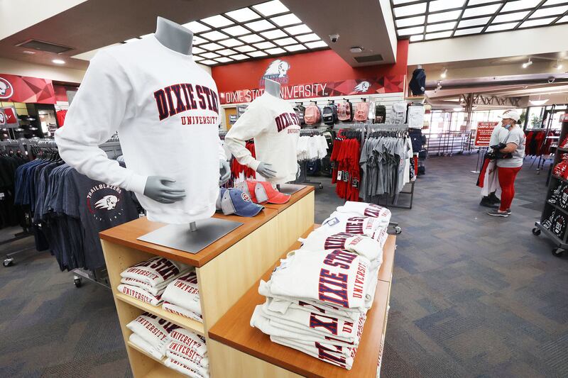 People shop for clothing at Dixie State University in St. George on Friday, April 9, 2021.