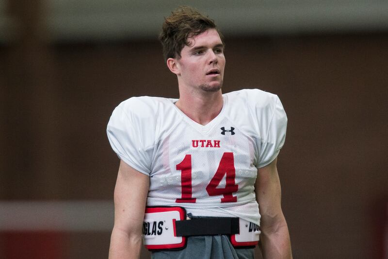 Utah quarterback Jack Tuttle exits the field following the Utes’ practice at the Spence Eccles Field House in Salt Lake City on Thursday, March 8, 2018.