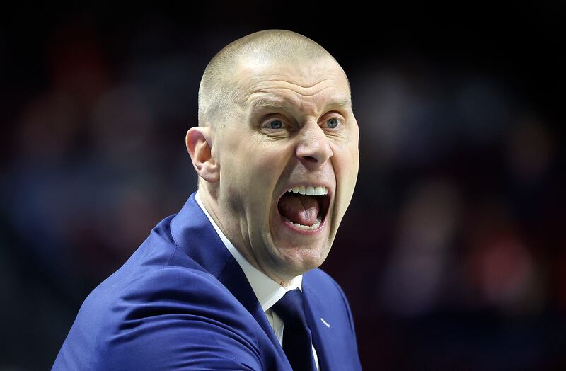 BYU basketball coach Mark Pope yells as the Cougars play San Francisco in the 2022 West Coast Conference in Las Vegas.