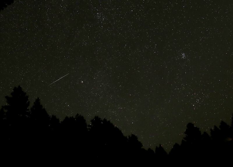 In this 20-second exposure, a meteor streaks across the night sky above trees near Moscow, Idaho in the early hours of Tuesday, Aug. 14, 2018 during the Perseid Meteor Shower. The annual event can produce dozens of meteors an hour.