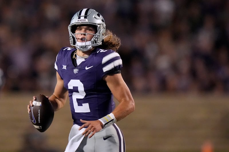 Kansas State QB Avery Johnson looks to pass during game against Arizona Friday, Sept. 13, 2024, in Manhattan, Kan. The dangerous dual-threat quarterback and the Wildcats visit Provo Saturday for their Big 12 opener against BYU.