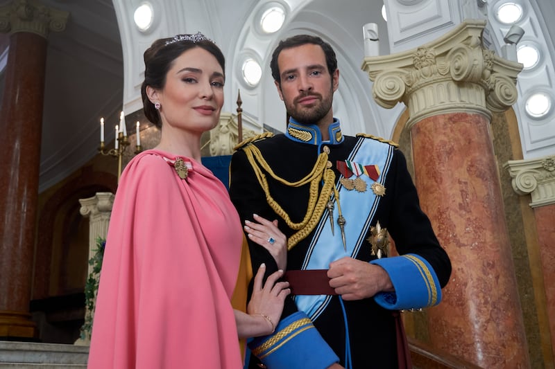 Mallory Jansen and Charlie Carrick in "The Royal We" on the Hallmark Channel.